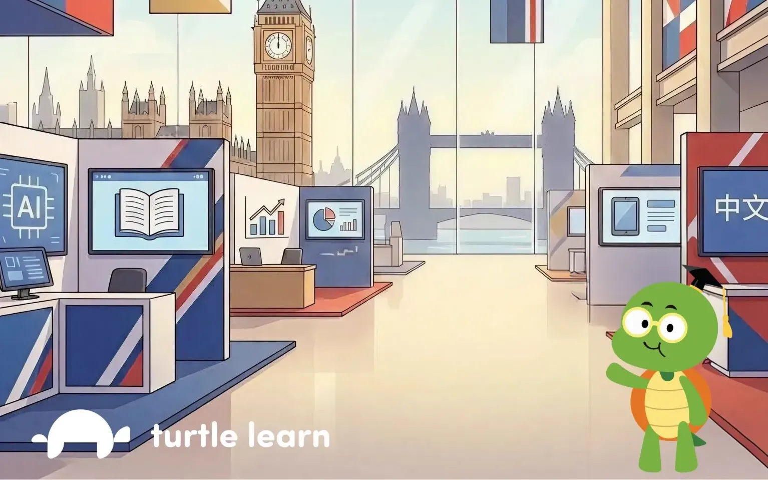 BETT UK 2026 announcement image featuring London landmarks and Turtle Learn branding