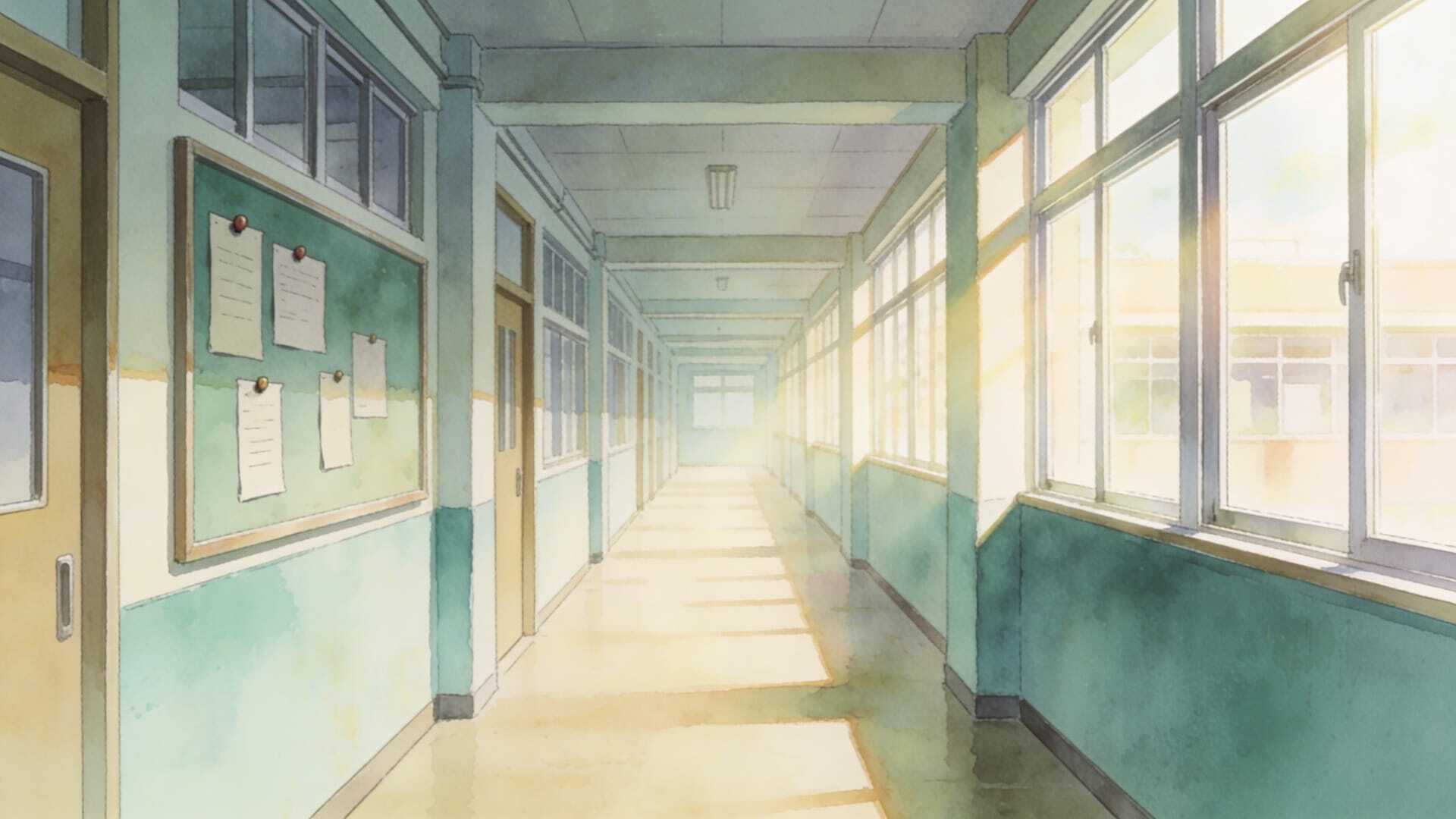 陽光照進校園走廊，窗邊與告示板一隅